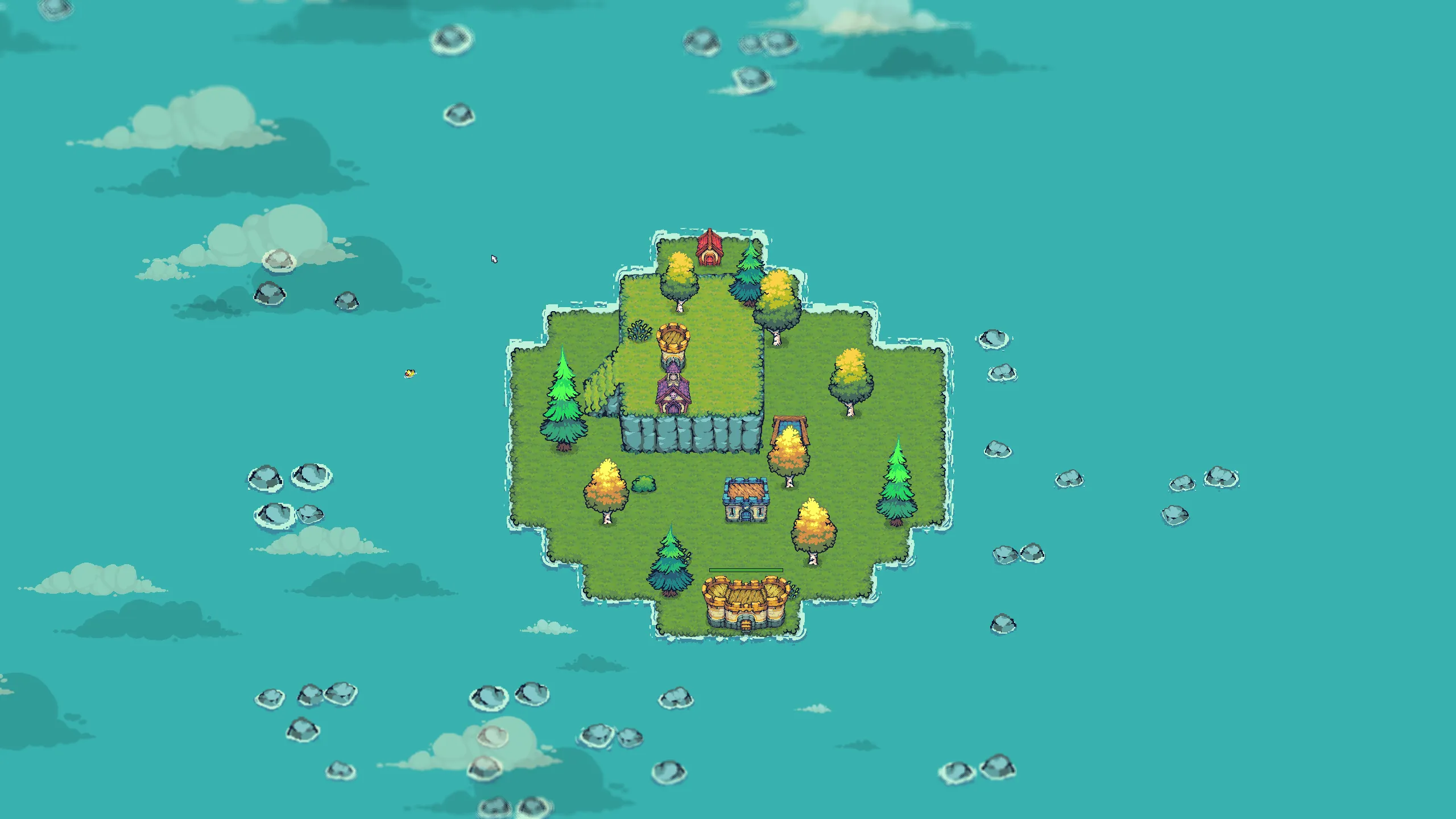 A Just One More Wave island seen from above: a walled mage tower, a keep, scattered pines, and open sea.